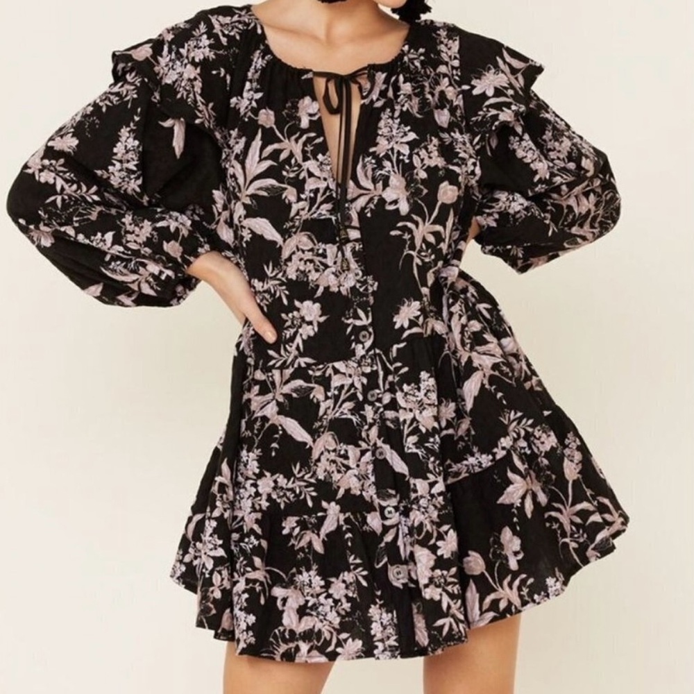 Floral Long Sleeve Mini Swing Black Purple Dress L Cottagecore Boho Whimsy Goth